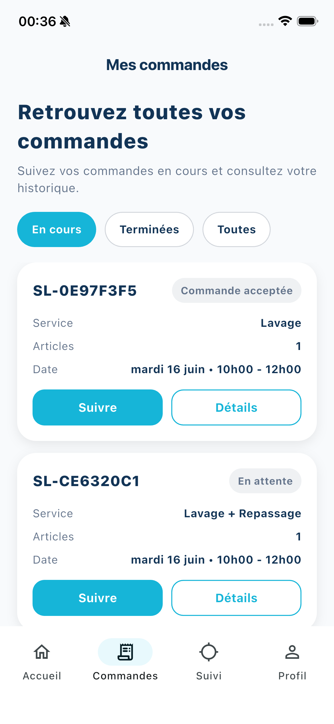 Capture écran application SMART LAVERIE - notifications de commande
